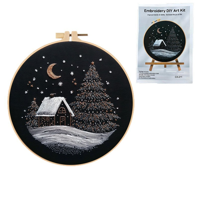 Christmas Snow House Embroidery Fabric Kit - Cotton Linen Modern Decoration