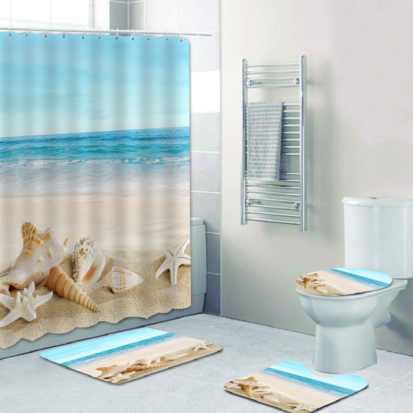 Bathroom Shower Curtain and Floor Mat Set Ocean World Printing - 4 Piece