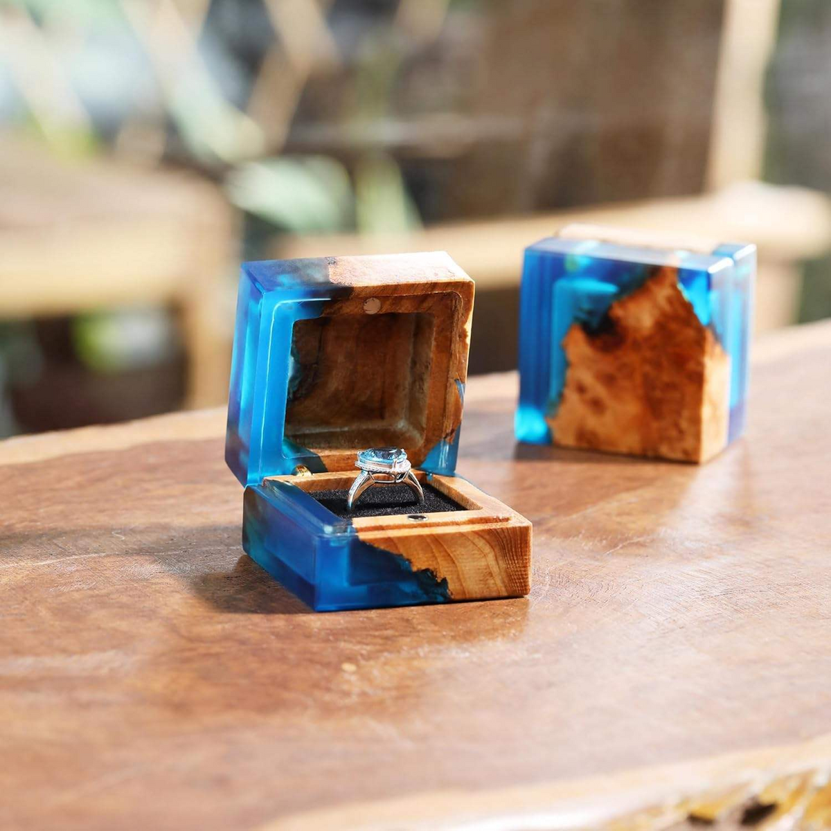 Wood Resin Ring Box - Blue Jewelry Storage Container for Engagement & Gift