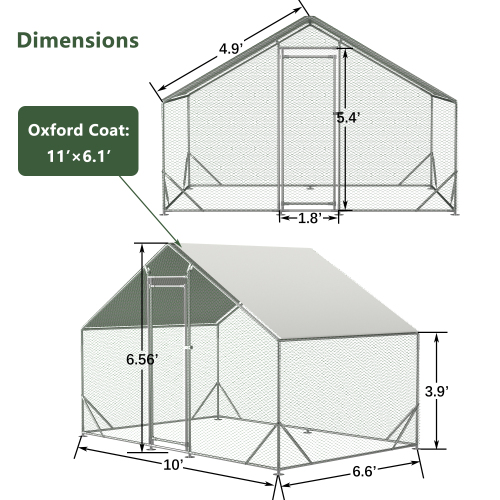Large Metal Chicken Coop Walk-In Poultry Run with Waterproof UV Cover - Silver