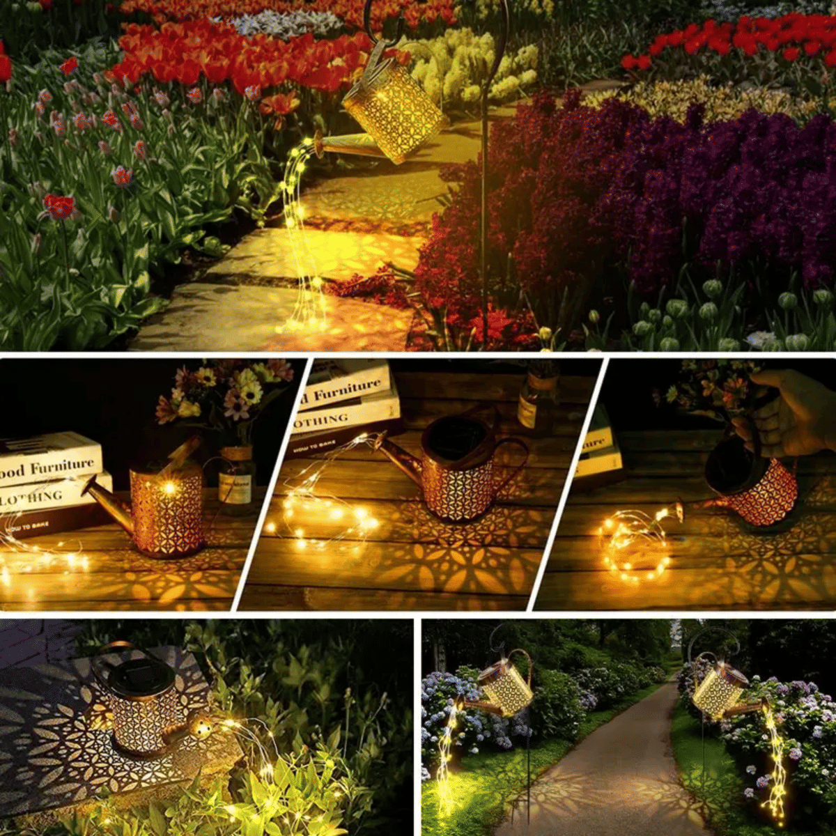 Outdoor Solar Watering Can Lantern String Lights Garden Decor Waterproof Metal Kettle