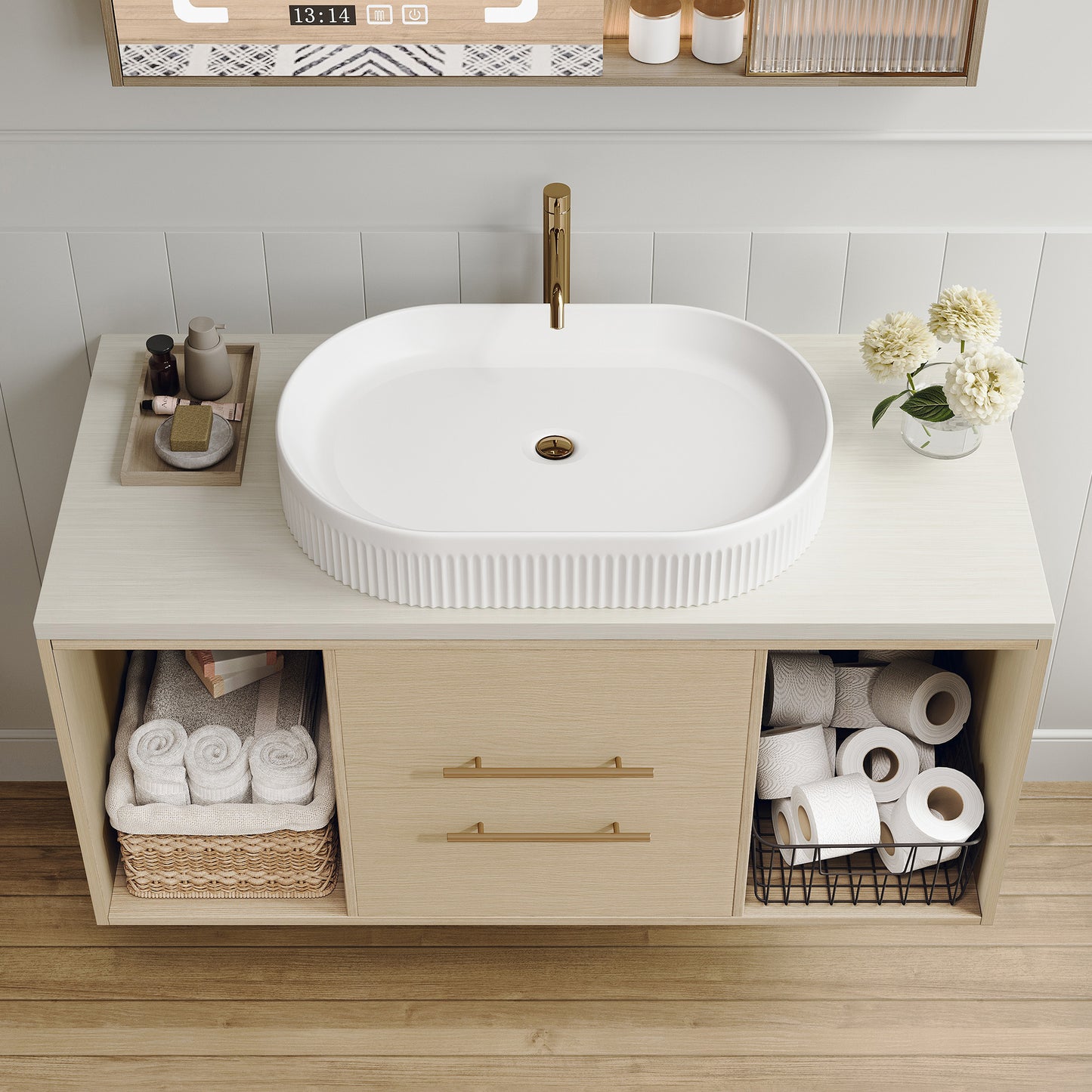 39.3" Wall-Mounted Bathroom Vanity with Oval Ceramic Sink