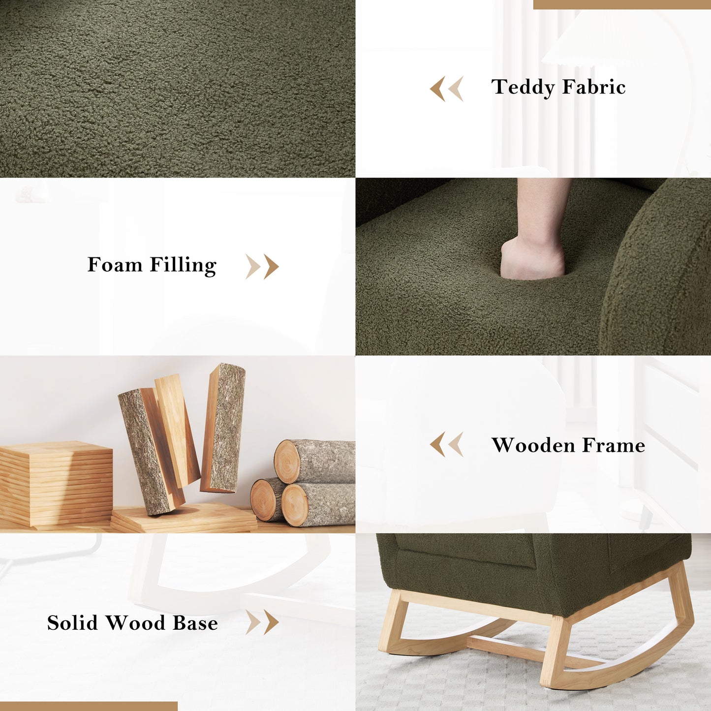 Teddy Fabric Rocking Chair with Adjustable Footstool - Green