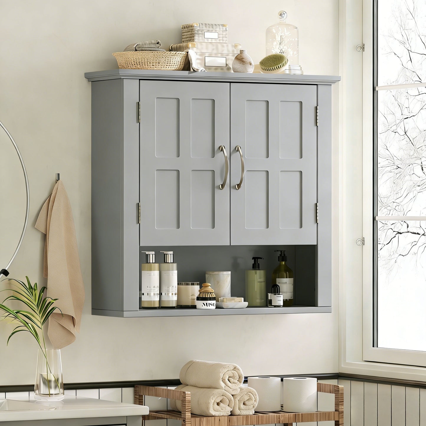 Wall-Mounted Bathroom Storage Cabinet with Adjustable Shelves - Gray