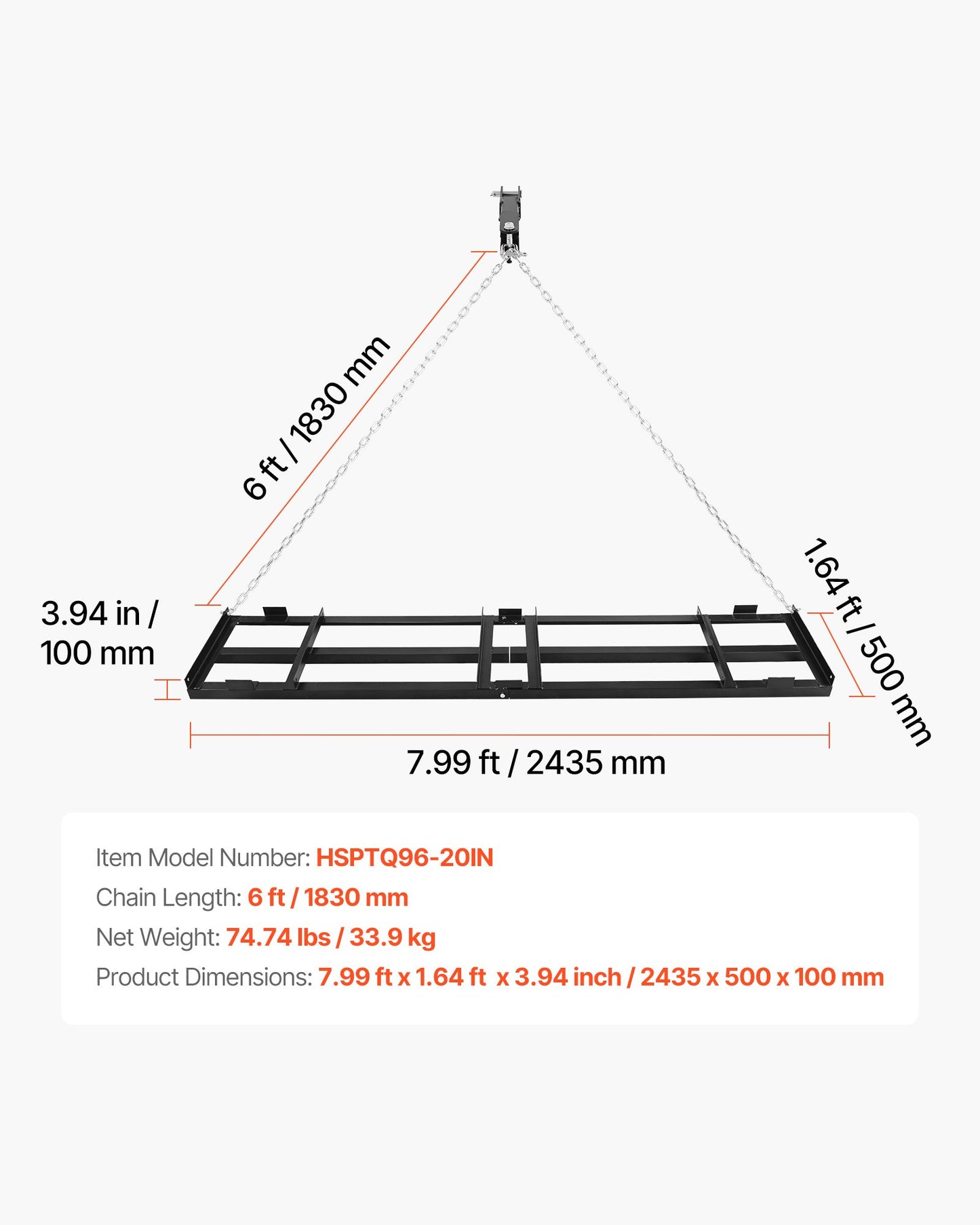 Heavy Duty Tow-Behind Drag Harrow 96x20 Inch for Driveway and Lawn Leveling