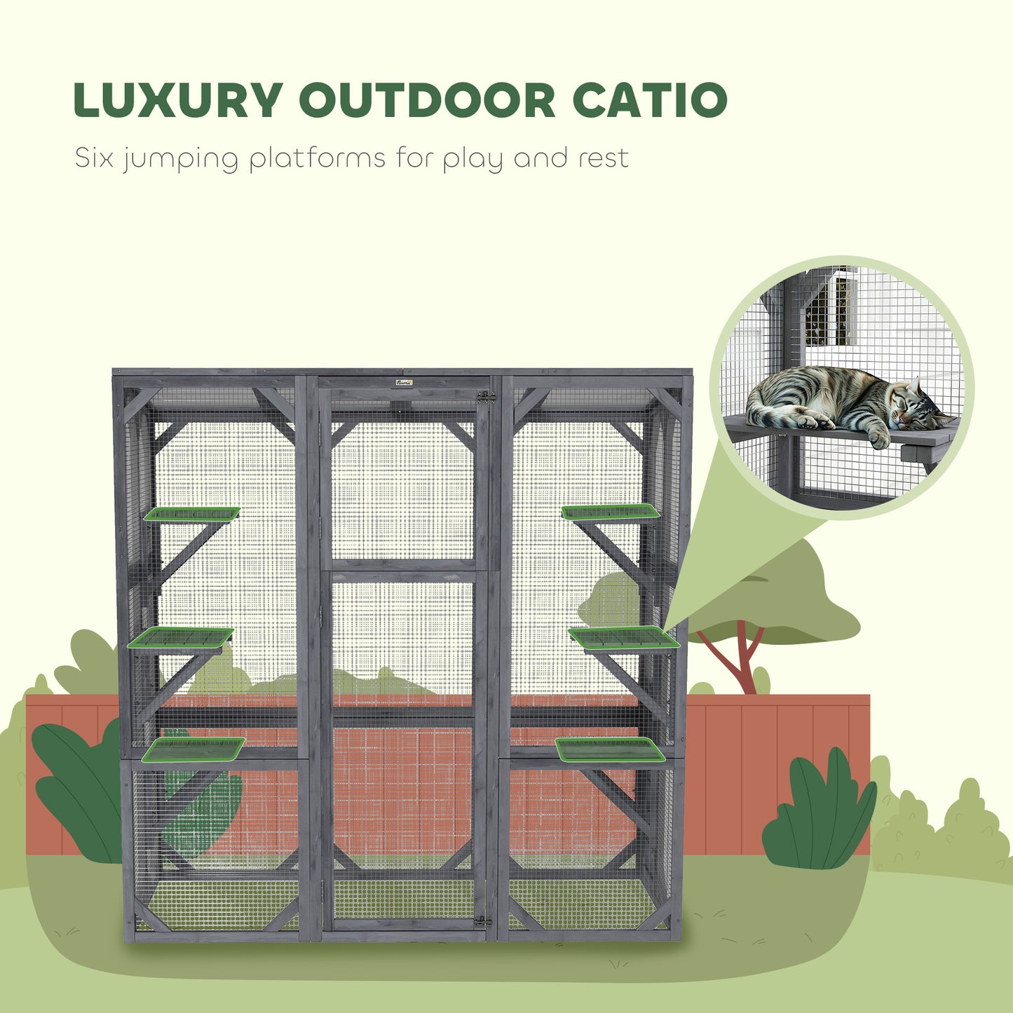 Large Wooden Catio Outdoor Enclosure with 6 Jumping Platforms for 1-3 Cats - Weatherproof Roof, Gray, 59 x 28 x 60 Inches