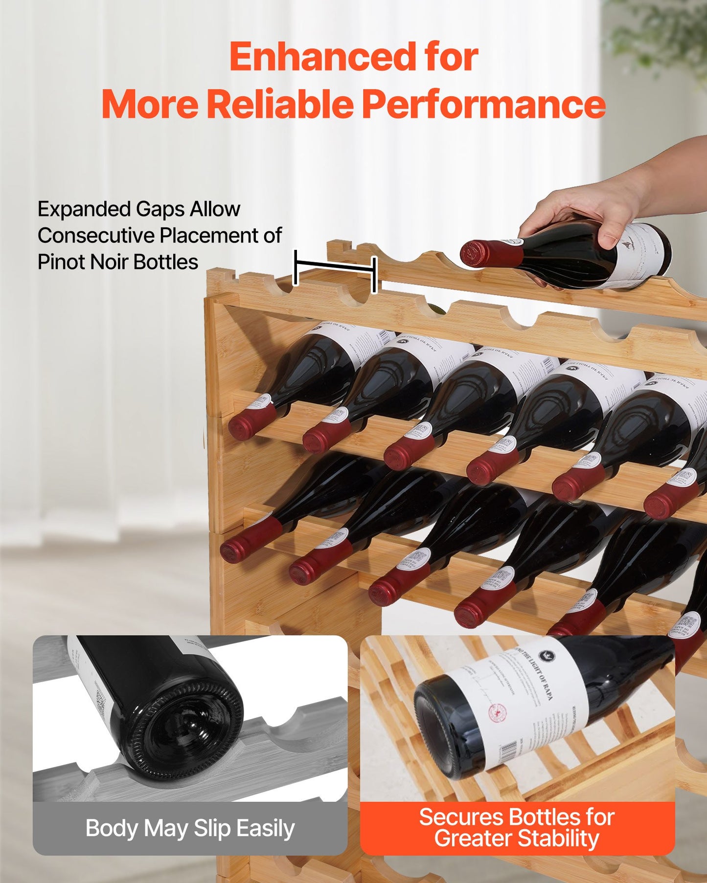 72 Bottle Stackable Modular Wine Rack - 8-Tier Floor Storage Shelf, Natural Wood Finish