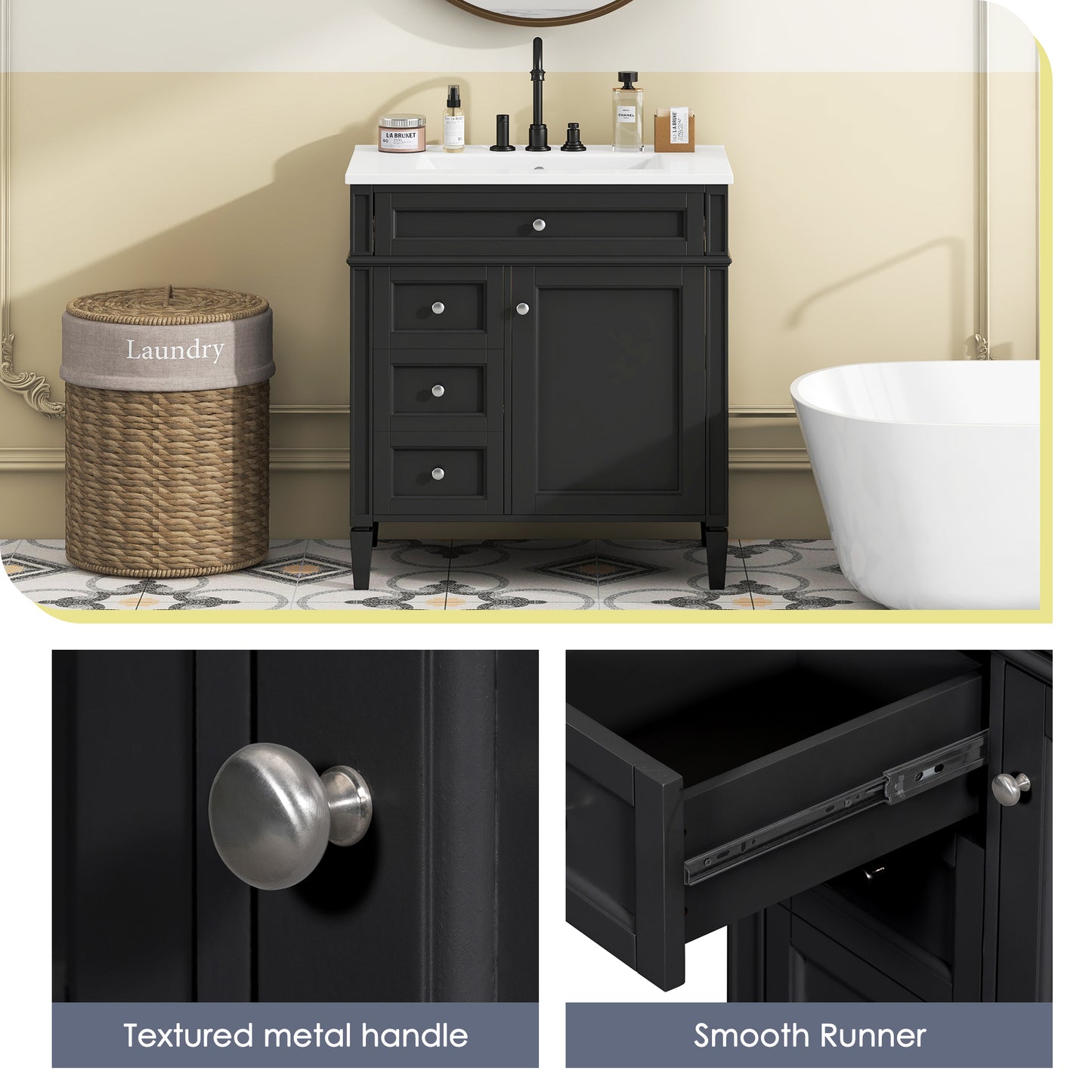 30'' Modern Bathroom Vanity with Ceramic Sink and Storage - Black