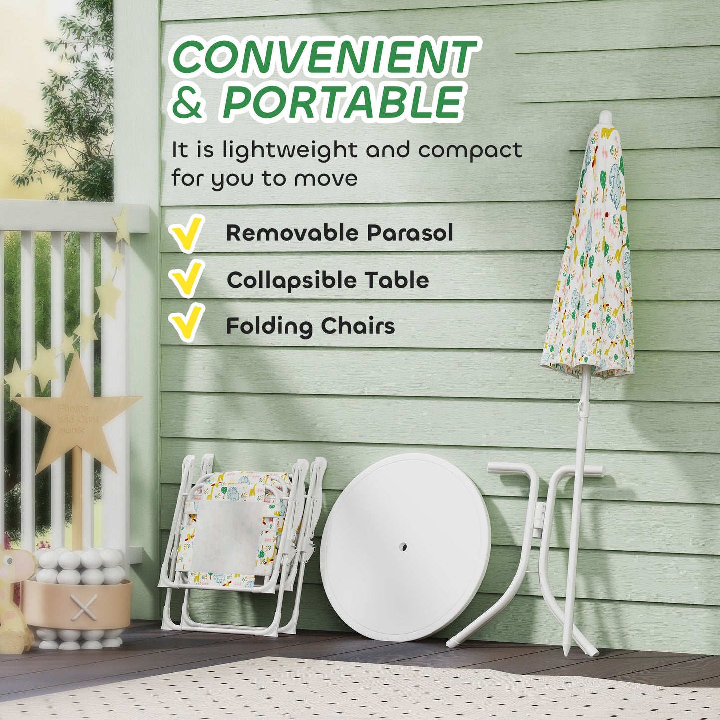 Kids Picnic Table and Chair Set with Removable Umbrella - White