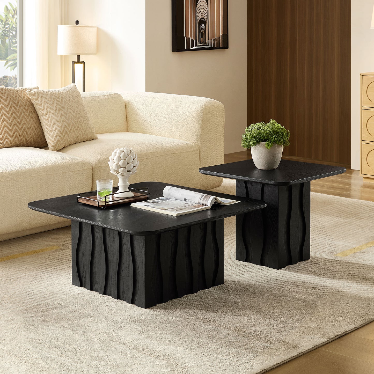 Nesting Square Coffee Table Set - Black, Mid-Century Design
