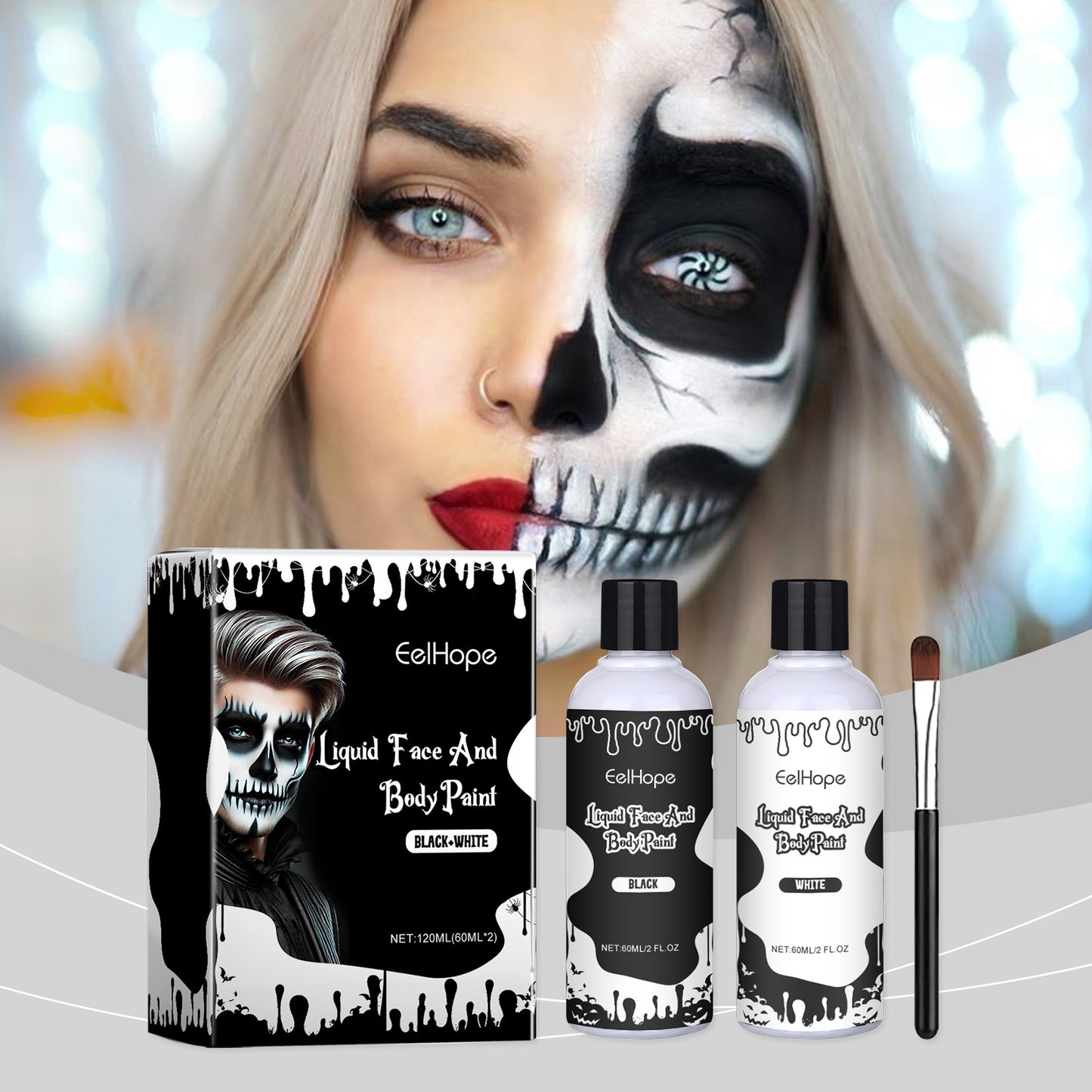 Black and White Liquid Face & Body Paint Set - Halloween Makeup Kit
