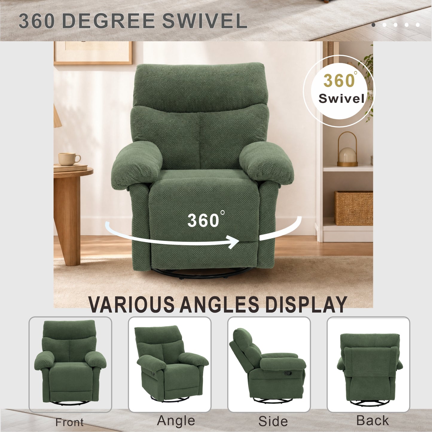 Modern Dark Green Swivel Rocker Recliner Chair - Plush Comfort