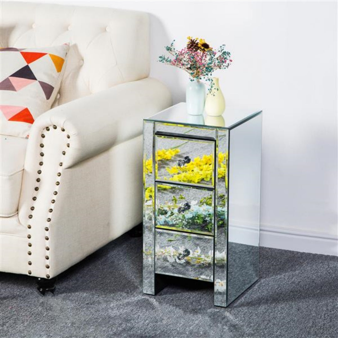 Mirrored Glass Bedside Table with 3 Drawers - Silver