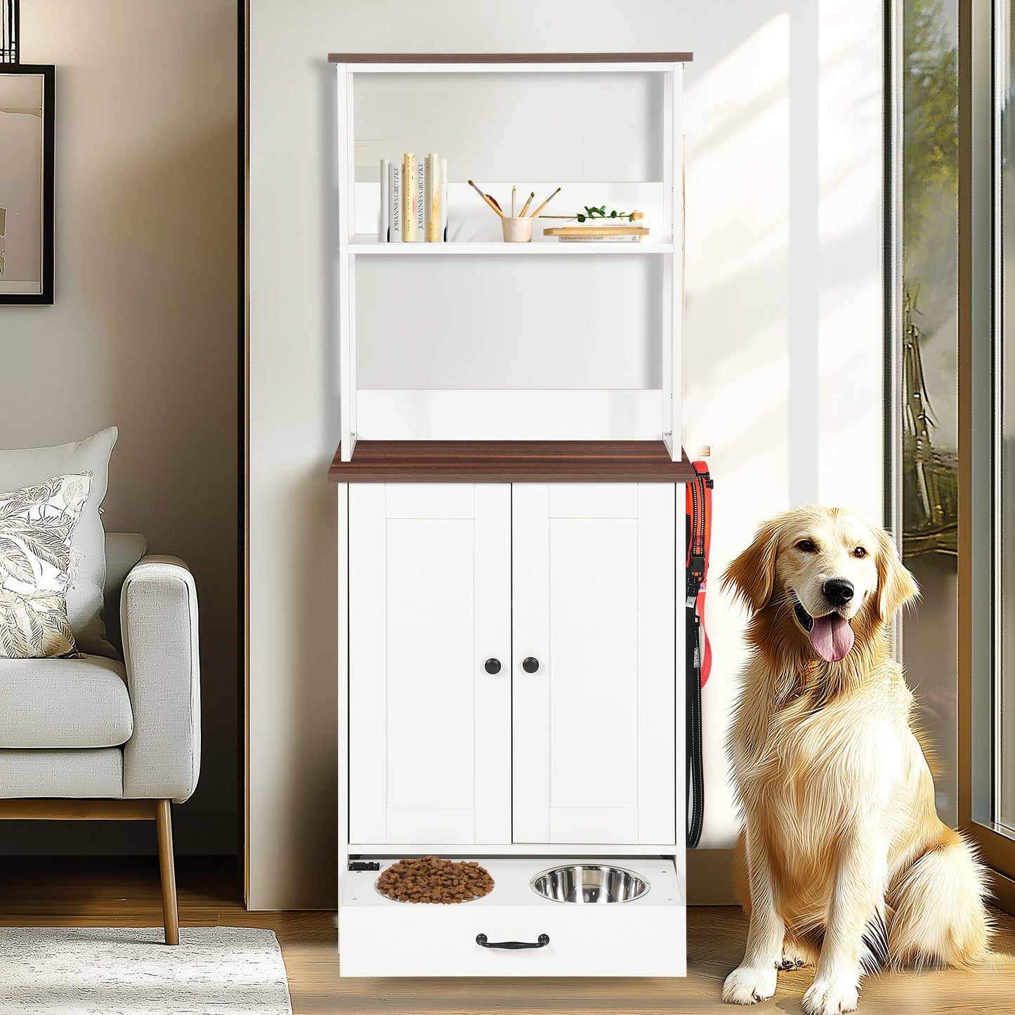 Pet Feeding Station With Bowls, Adjustable Panel, Dog Storage, Feeder
