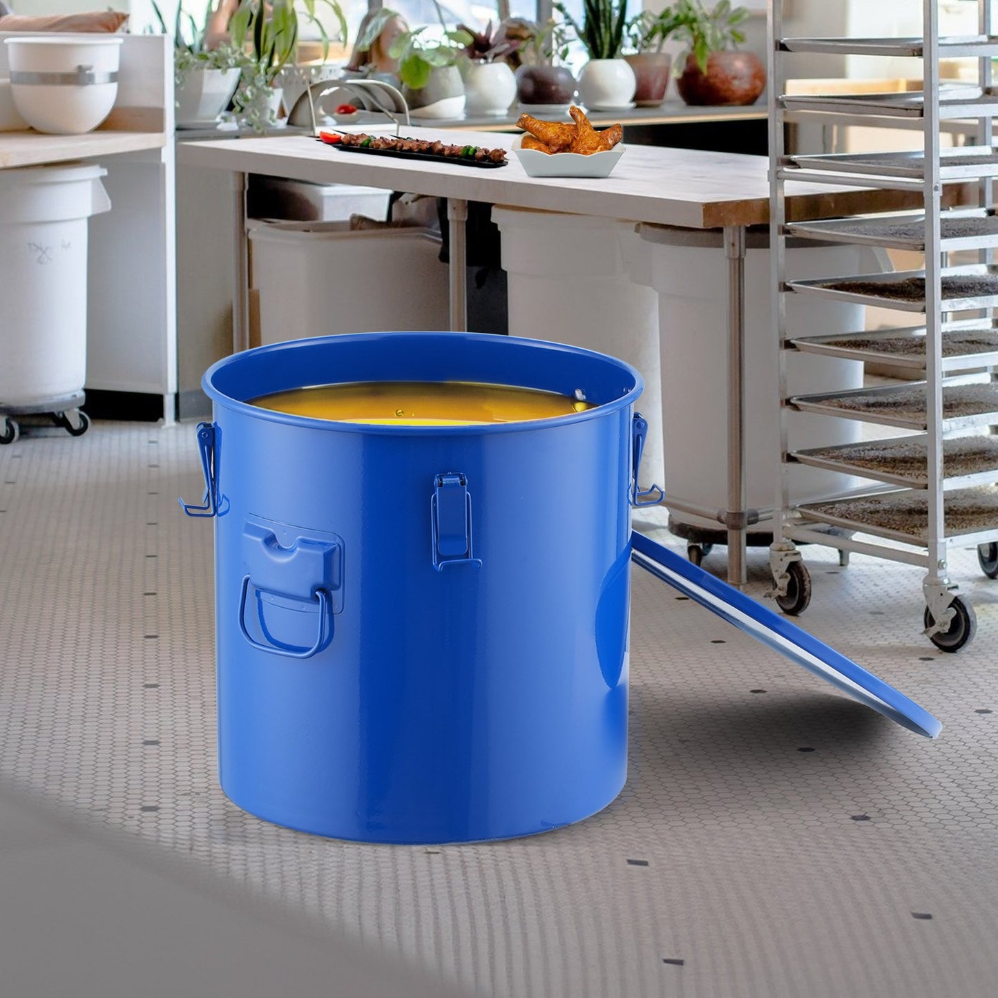 10-Gallon Fryer Grease Bucket - Heavy-Duty Carbon Steel with Lid