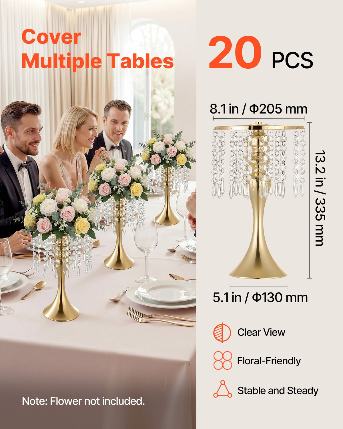 20 Pack Tall Wedding Flower Vases - Gold Electroplated Centerpieces for Events