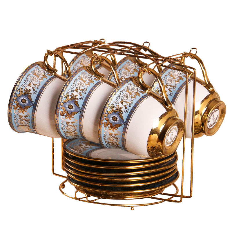 European-Style Bone China Coffee Set for 6 with Cups, Saucers & Rack - Housewarming Gift