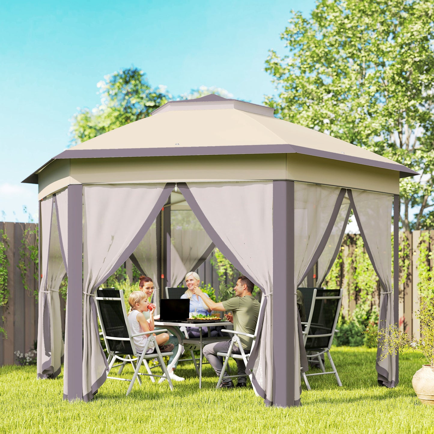 13' Hexagonal Pop Up Gazebo Canopy with Mesh Sidewalls - Coffee, Beige