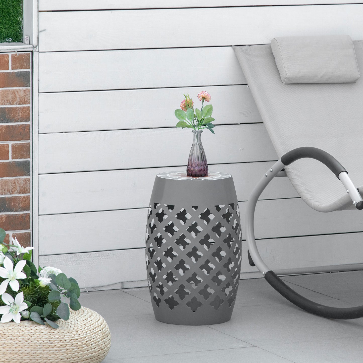 Round Mosaic Outdoor Stool - Gray Ceramic Accent Table