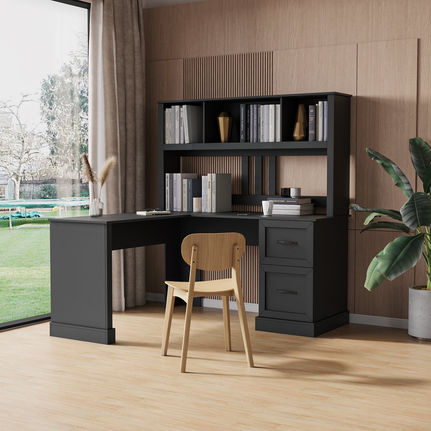 Home Office Computer Desk with Hutch - Antiqued Black Finish