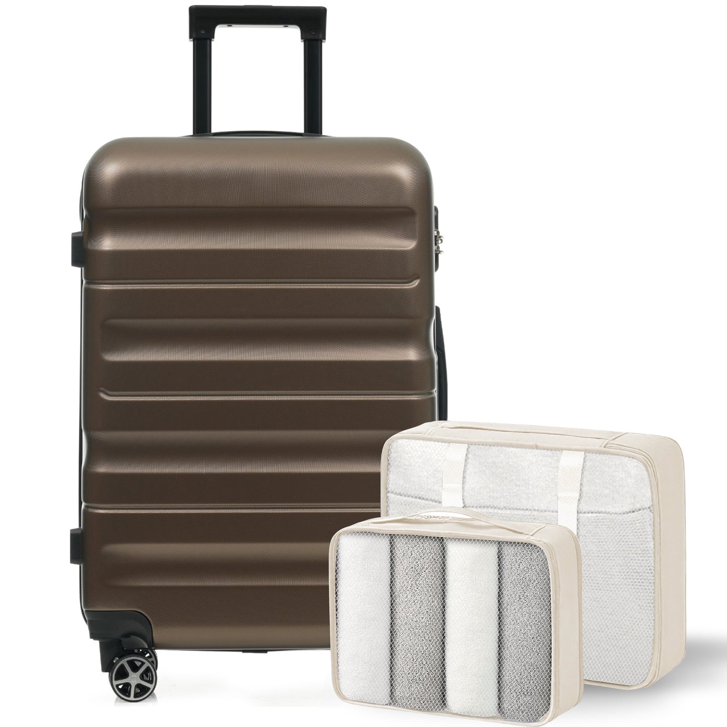 24-Inch Hardshell ABS Luggage Set with Spinner Wheels & 2 Packing Cubes - Brown