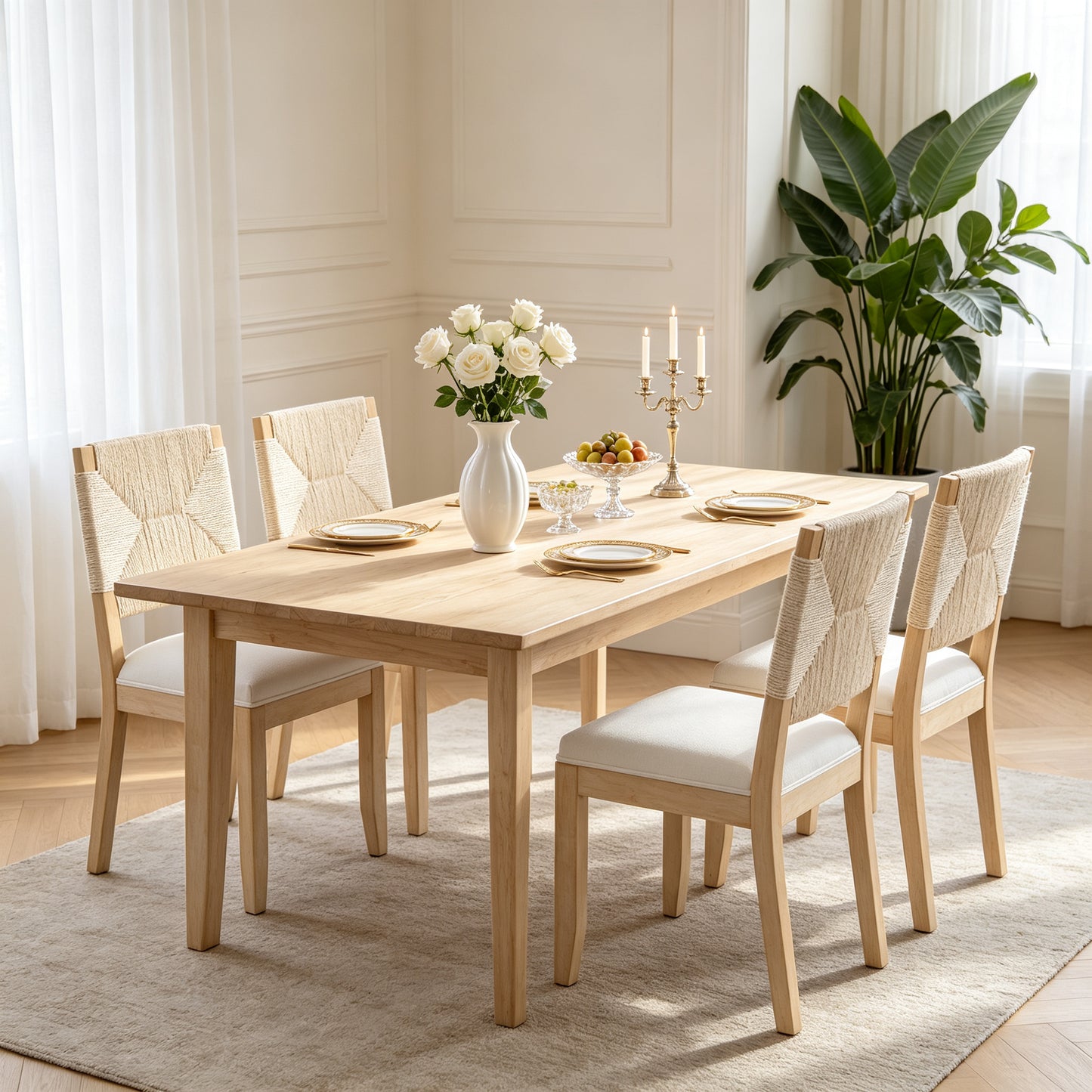 Beige Farmhouse Dining Chairs Set of 2 - Woven Back & Upholstered Seat