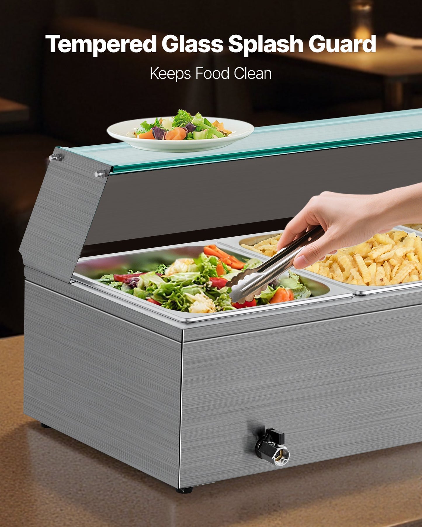 Commercial Food Warmer 3-Pan Buffet Bain Marie 1500W with Glass Cover - Silver