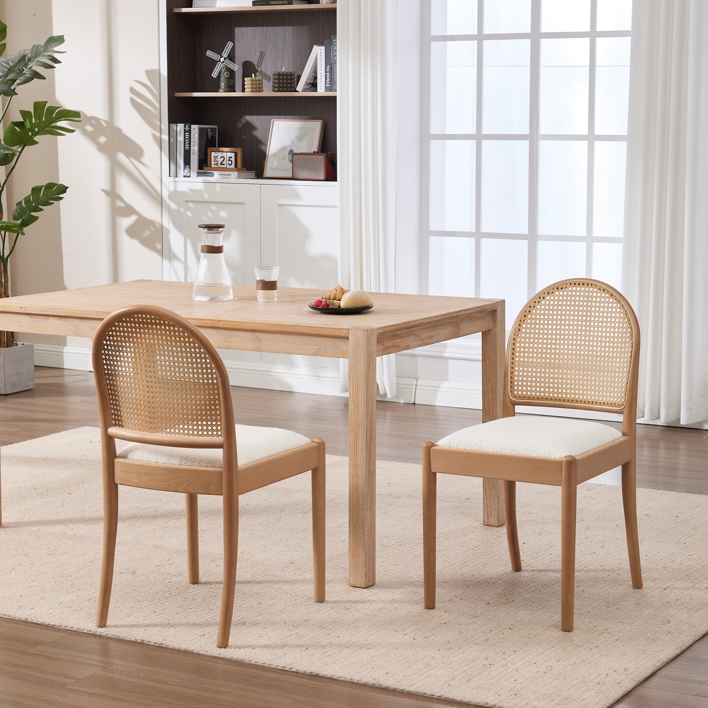 Beige Rattan Dining Chairs Set of 2 - Upholstered Kitchen Seating