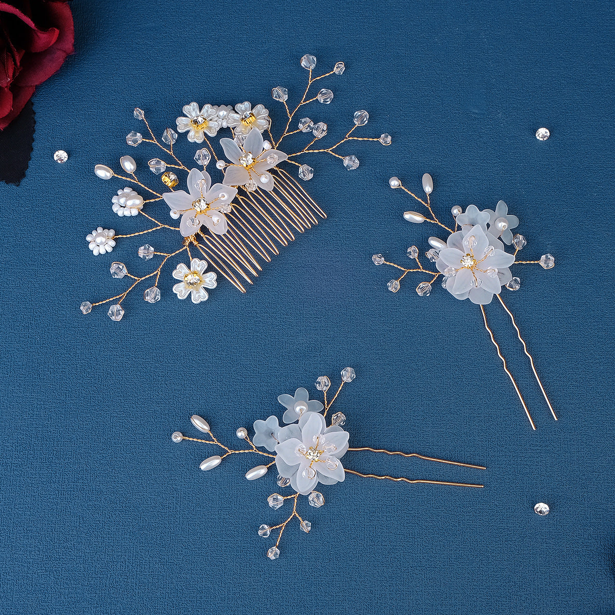 Gold Flower Bridal Hair Comb Set - Camellia
