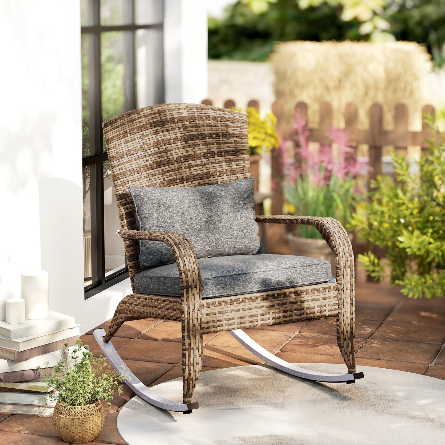 Gray Wicker Rocking Chair with Cushions - Adirondack Style