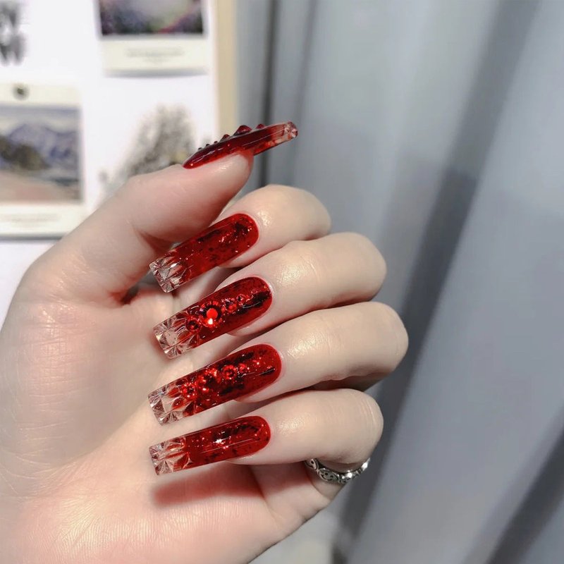 21 Grid Box Nail Rhinestones - Bright Red Crystal Glass