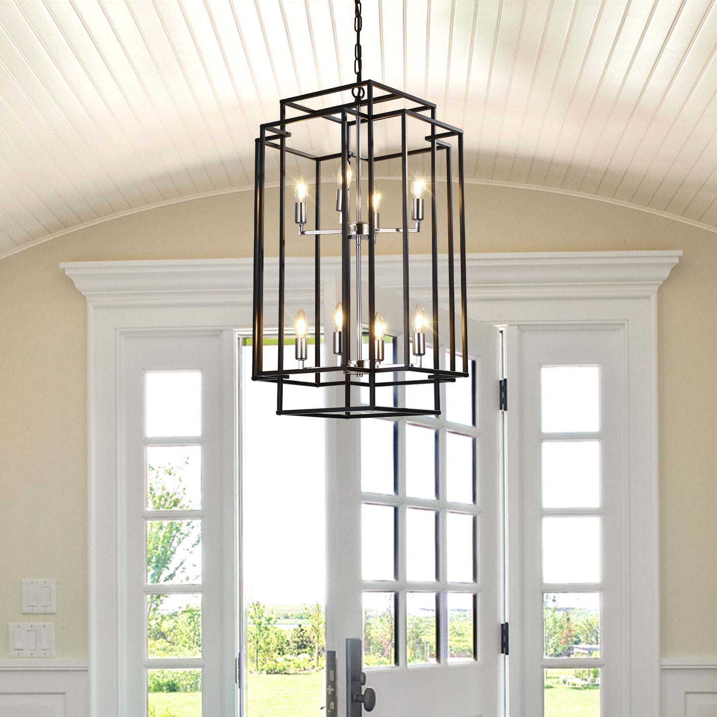 Modern 8-Light Black & Chrome Pendant Chandelier - Adjustable
