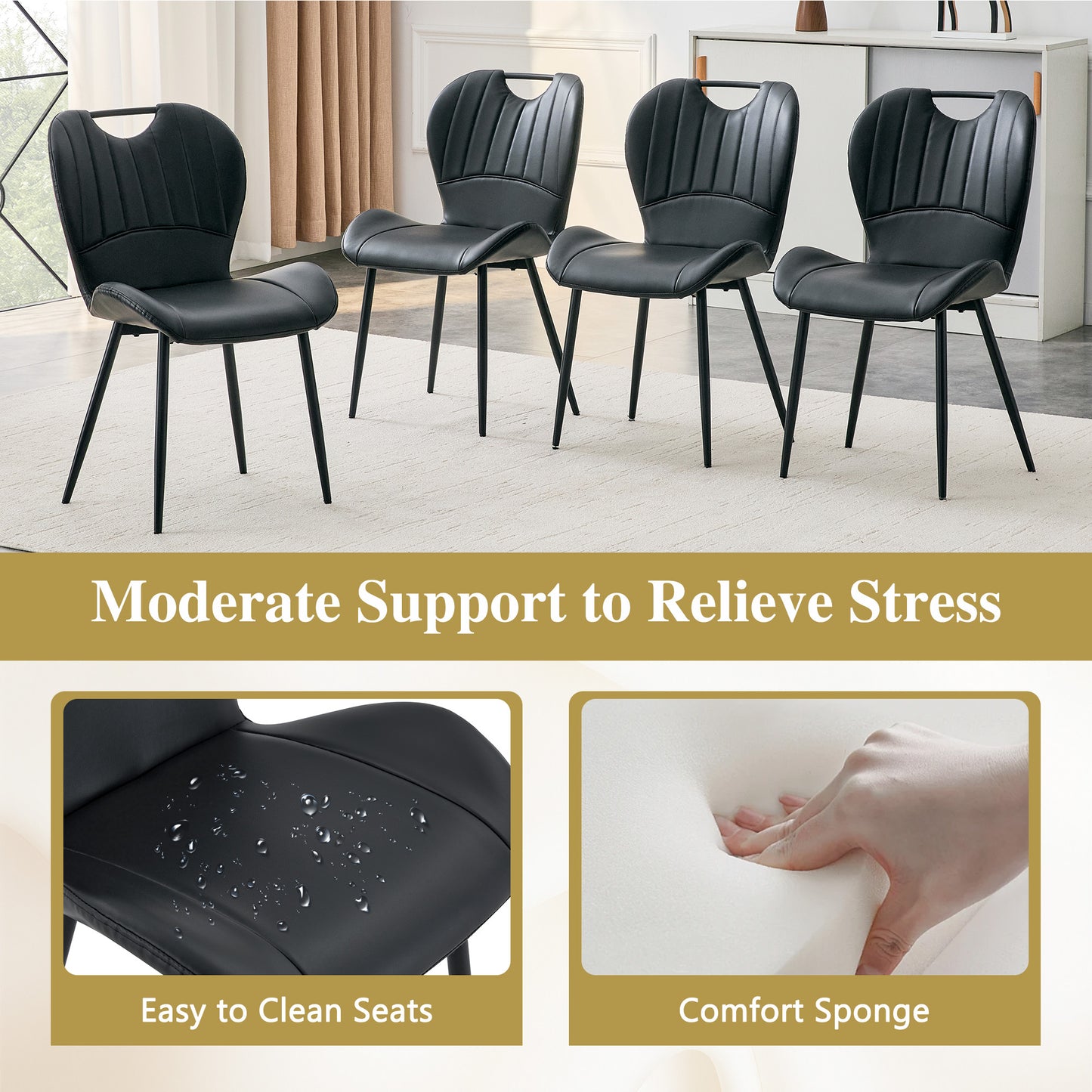 Set Of 4 Black PU Dining Chairs With Integrated Handle. Metal Frame,