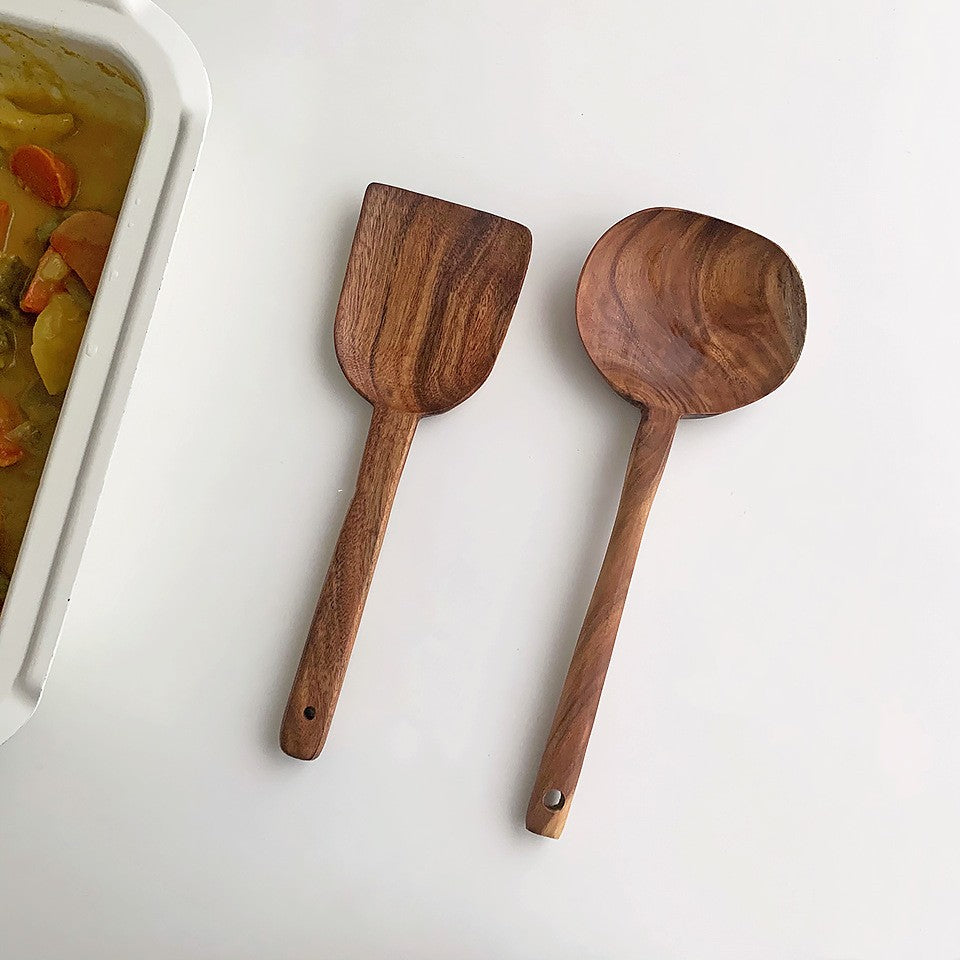 Wooden Korean Kitchen Utensil Set - Teak Cooking Spoon & Scoop, Modern Design