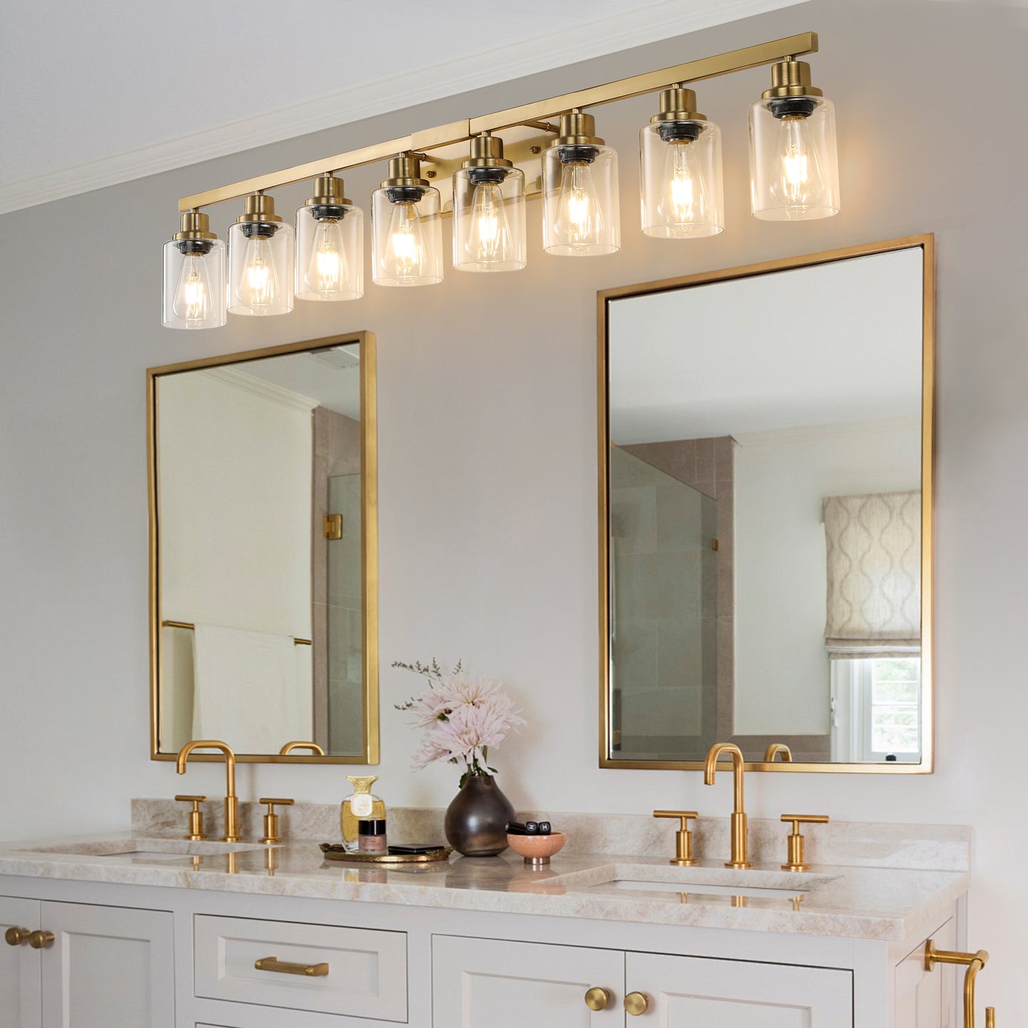 Golden 8-Light Vanity Light Fixture with Clear Glass Shades