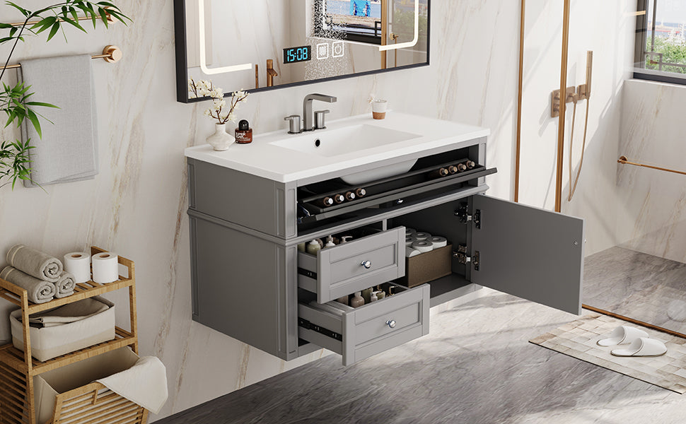 36-Inch Wall-Mounted Bathroom Vanity with Ceramic Sink & Drawers - Gray