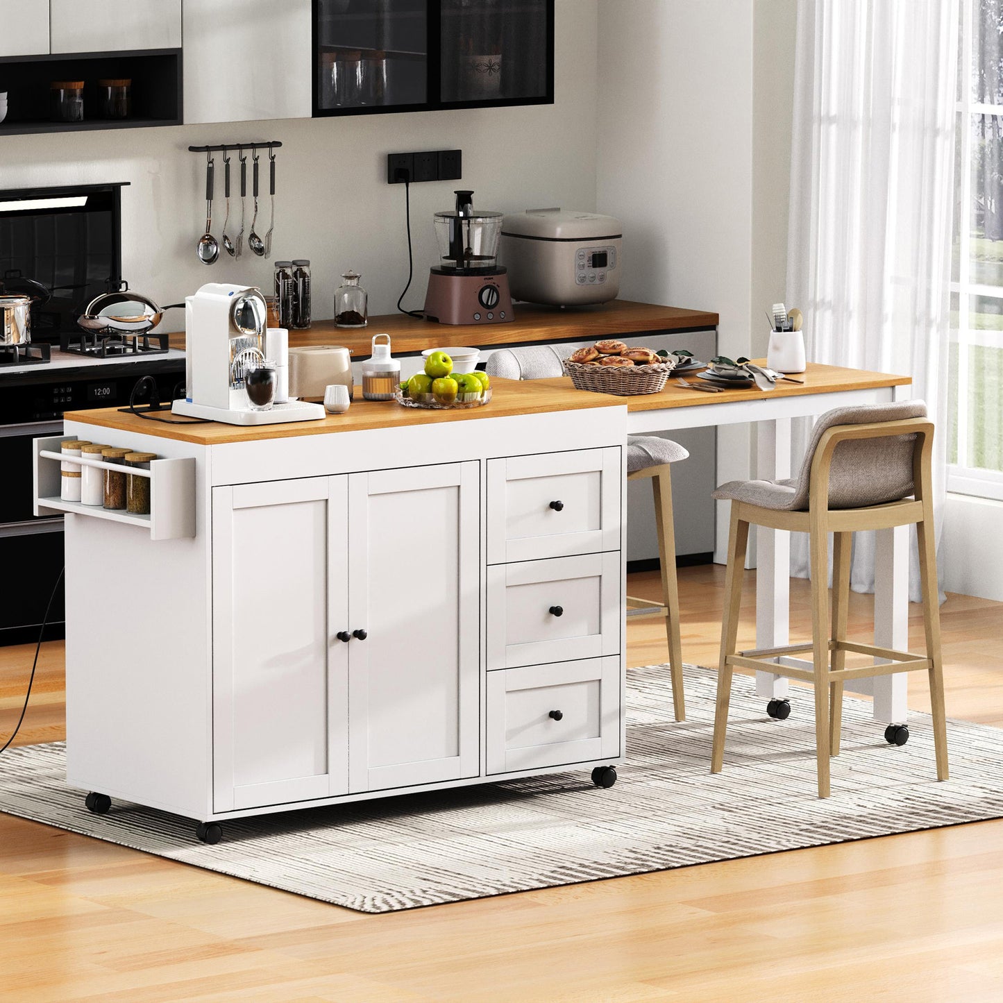 K&K 74.8 Kitchen Island With Extendable Dining Table, Storage Cart 3