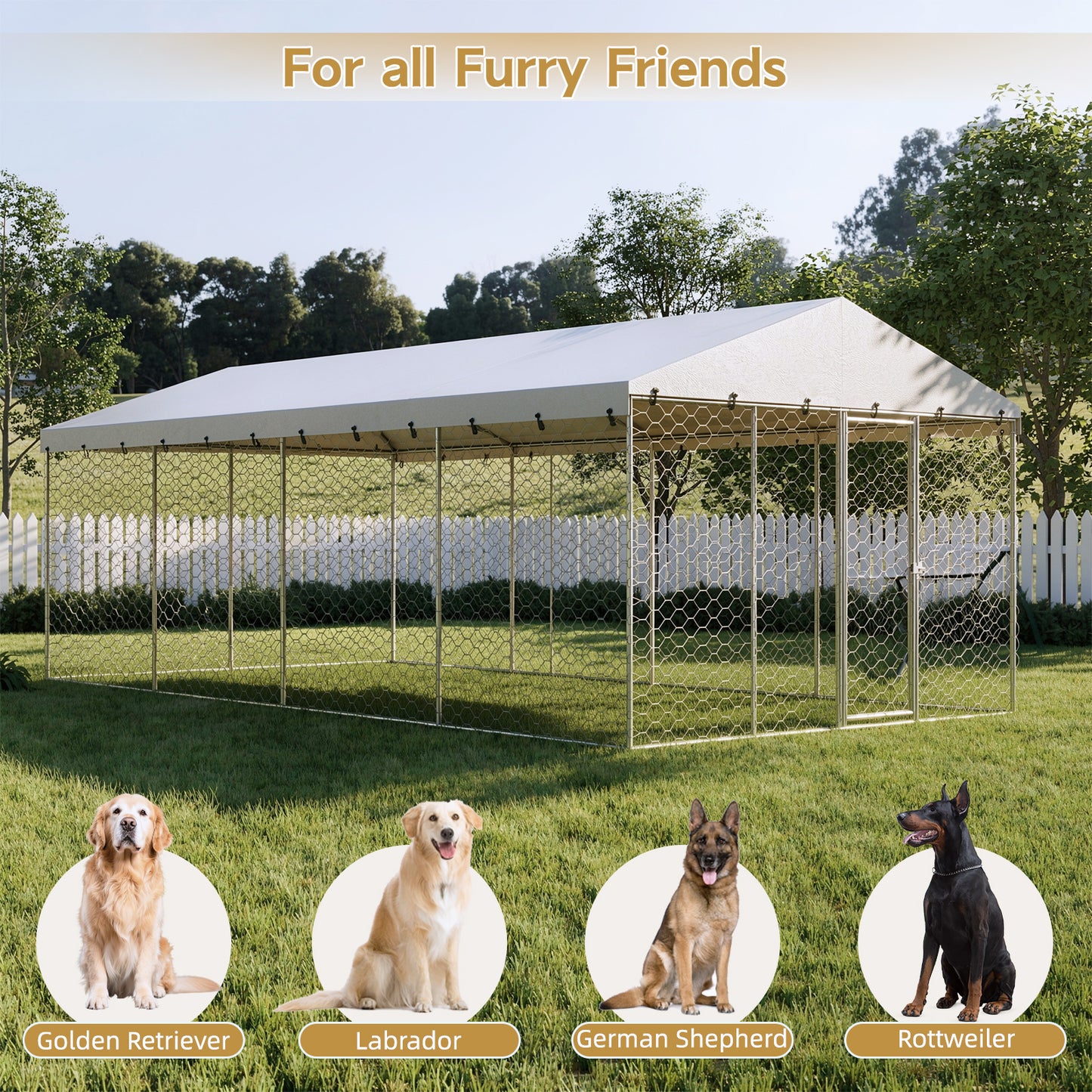 Large Outdoor Dog Kennel with Canopy - Heavy Duty Galvanized Steel Frame, Waterproof Cover, All-Weather Escape-Proof Pet Pen for Large Dogs