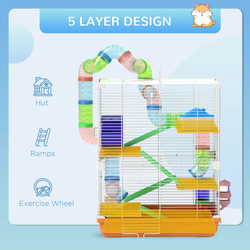 Portable 5-Tier Hamster Cage with Exercise Wheel and Tubes – Small Animal Habitat