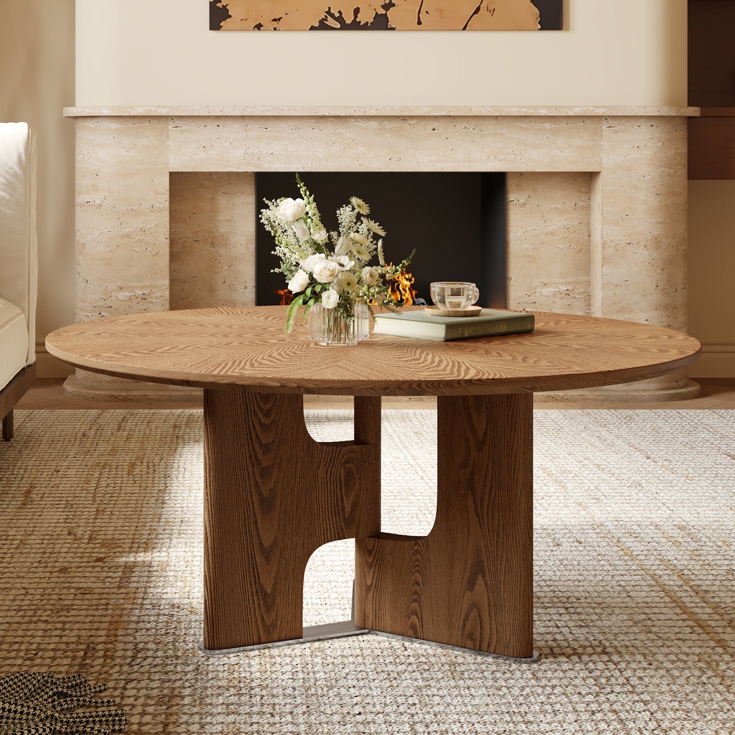 31.5-Inch Round Rustic Ash Wood Veneer Coffee Table - Walnut