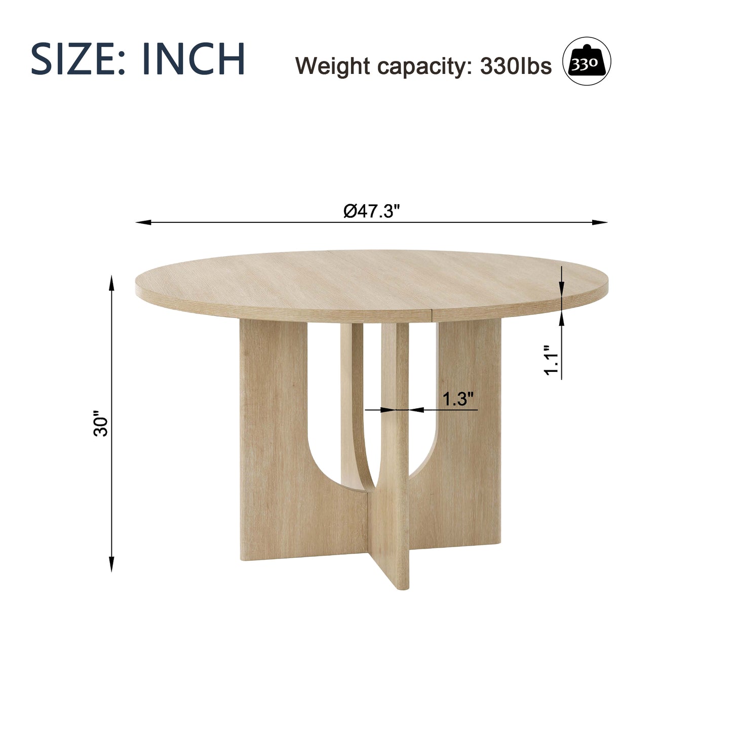 Farmhouse Round Dining Table for 4 - Light Oak, 47.3 Inch