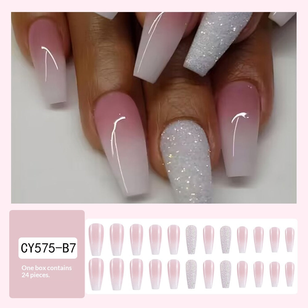 24-Piece Long Coffin-Shaped Gradient Pink Nail Art Kit with Sequin Embellishments