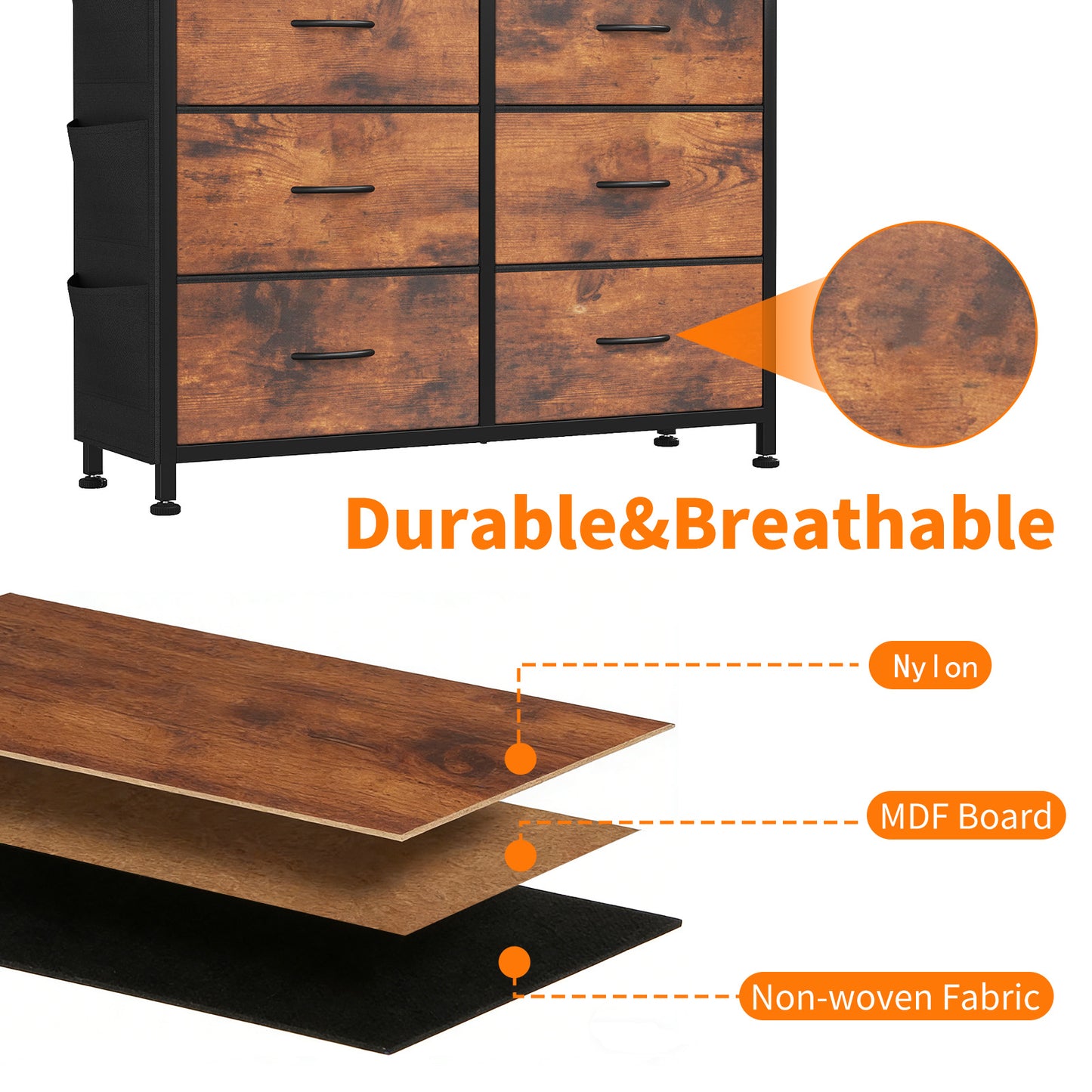 10-Drawer Storage Cabinet with Side Pocket & Hooks - Brown