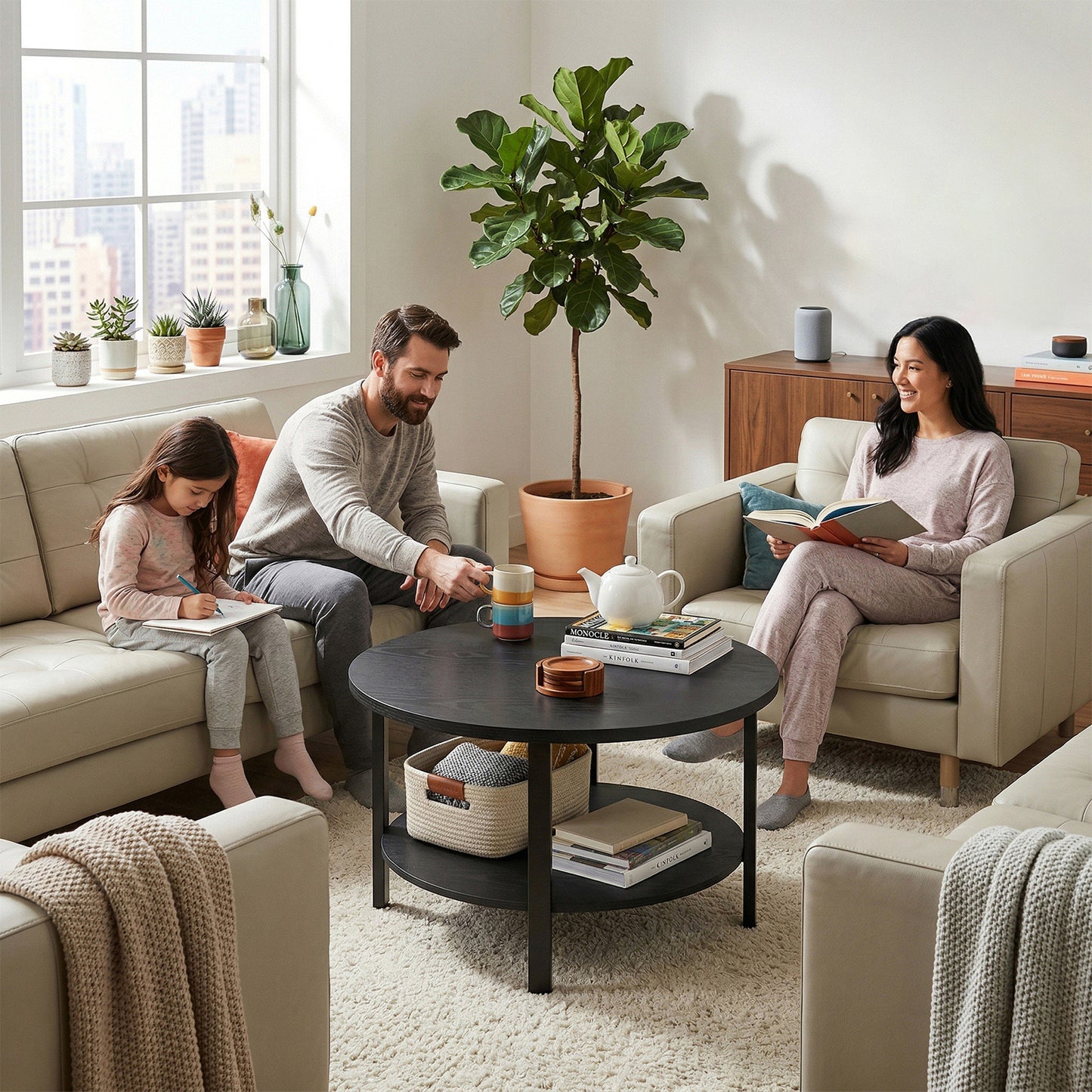 Round Coffee Table with 2 Tiers and Storage - Black