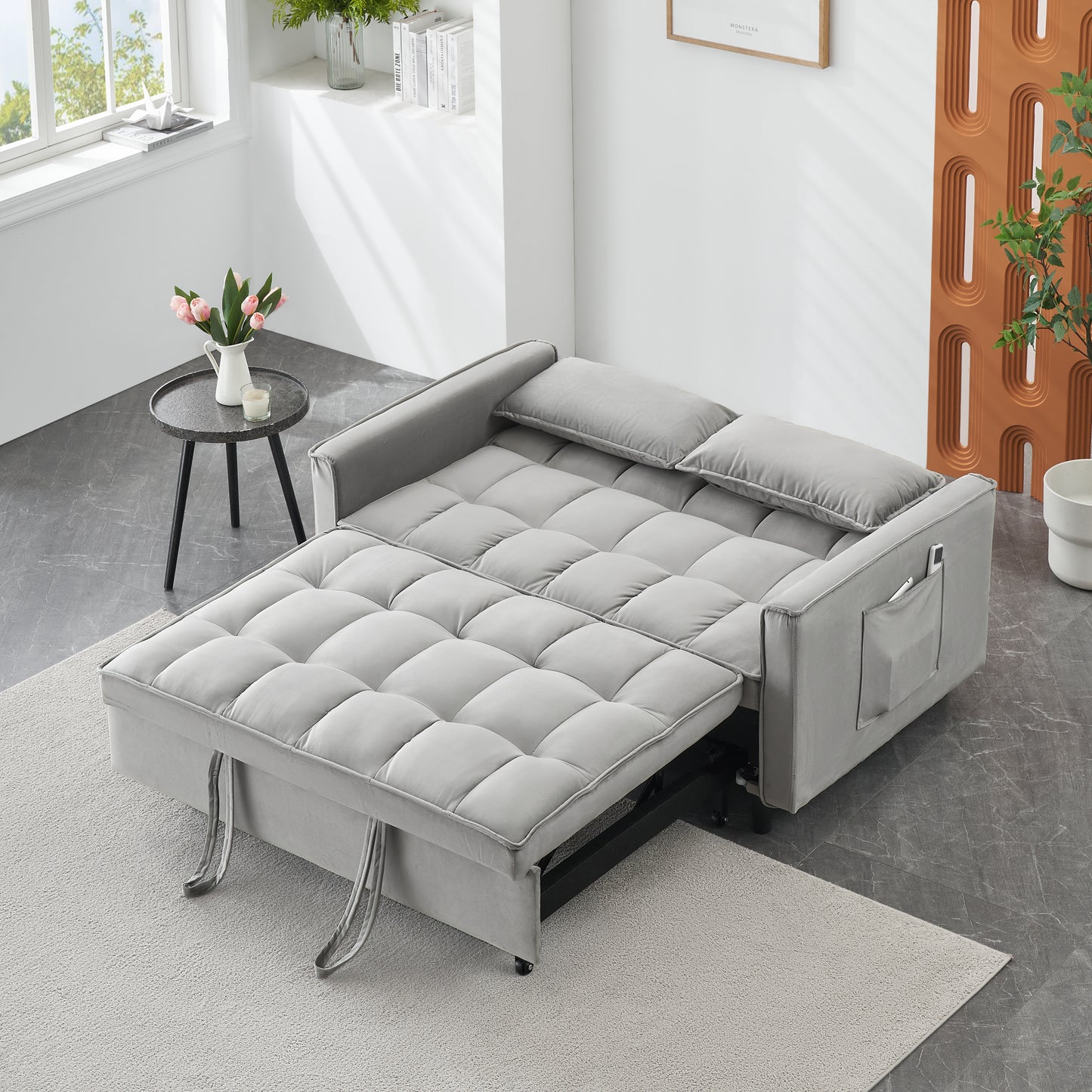 Convertible Velvet Loveseat Sofa Bed with Reclining Backrest - Gray