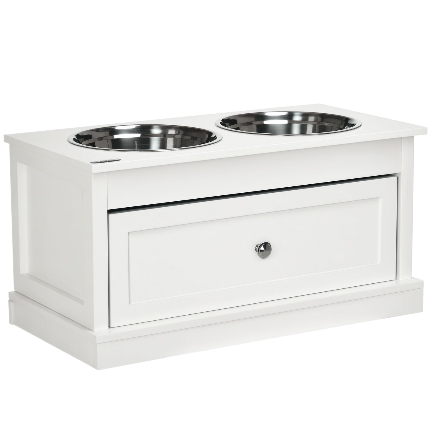 Elevated Dog Bowl Stand with Storage Drawer - Large Stainless Steel Food & Water Bowls, White