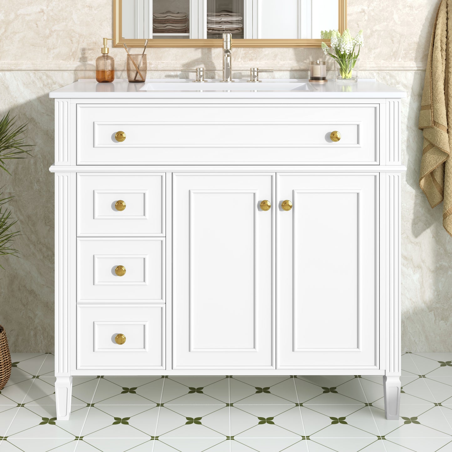 36 Inch Bathroom Vanity with Sink - White Solid Wood Cabinet