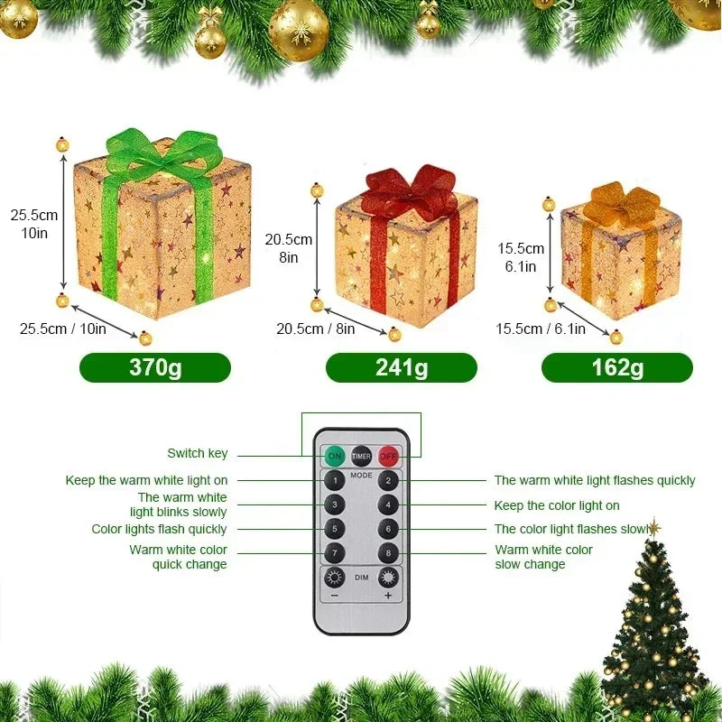 Lighted Christmas Gift Boxes Set of 3 with Remote & Bow Decor - Indoor Outdoor Holiday Decor