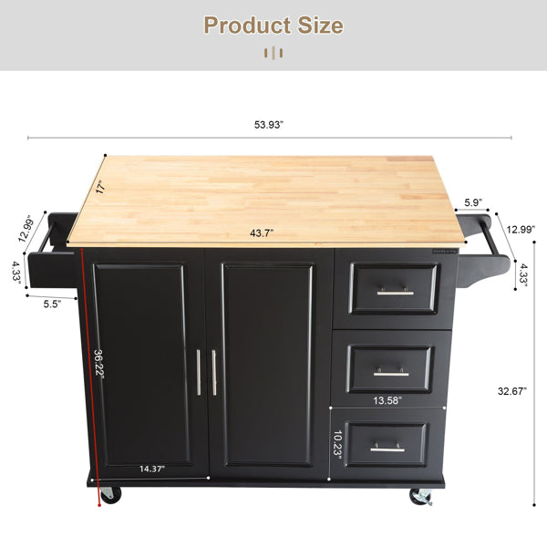 Mobile Kitchen Island Cart with Rubber Wood Top - Adjustable Storage