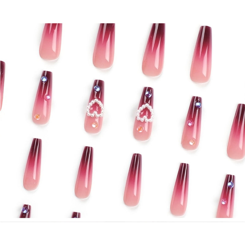 24 PCS Red Heart Press-On Nails - Long Square Fake Nail Tips - Pink